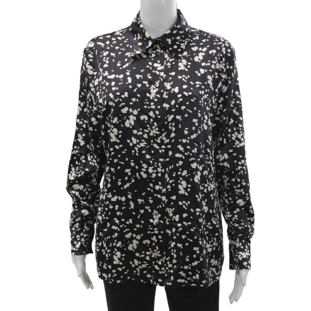 Laurel Women Collared Silk Metallic Button Up Blouse Long Sleeve Black Size 40